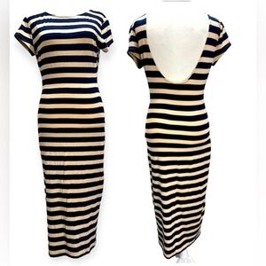 RD Style Navy & Beige Striped Open Back Cap Sleeve Fitted Maxi Dress Small